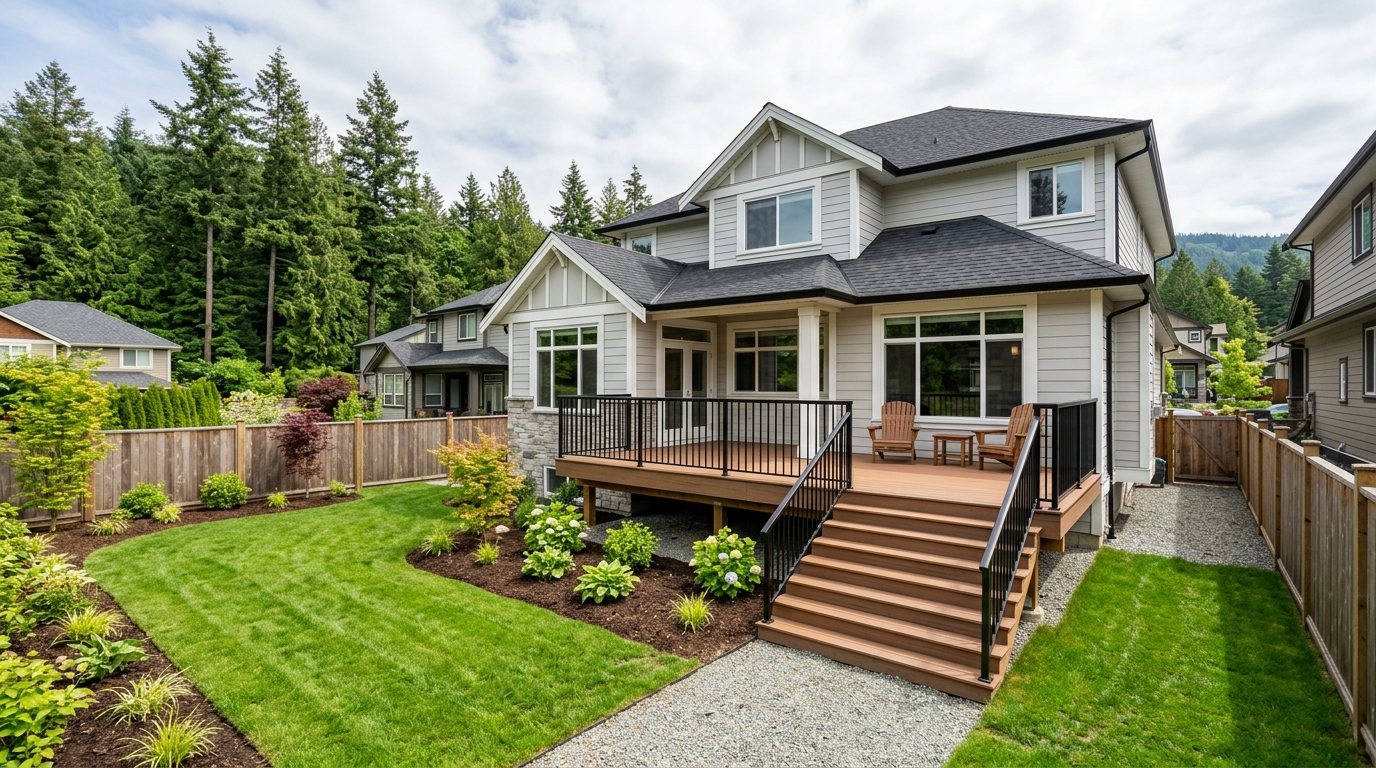 New composite deck with black aluminum railing and wide stairs on a craftsman-style home in a Fraser Valley subdivision