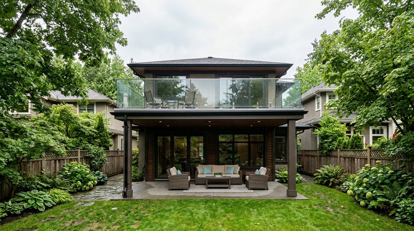Upper sundeck with frameless glass railing built over a covered patio at the back of a Vancouver-area house